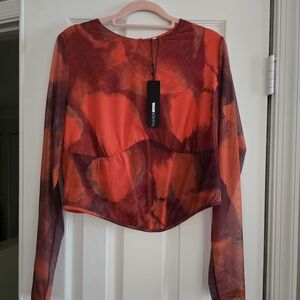 Fashion Nova Red & Burgundy Long Sleeve Mesh Crop Top